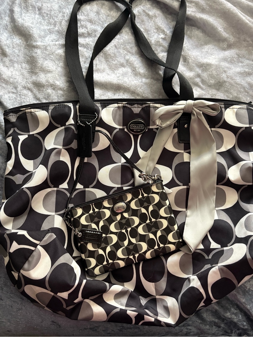 Coach Black & White Signature Tote with Matching Wristlet and Bow Accent